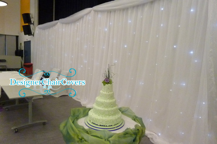 We decorated the cake table with a tropical green organza swag in a very